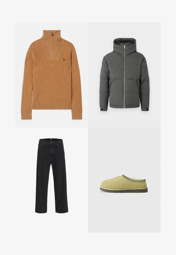 Graue gepolsterte Jacke mit hohem Kragen, Frontreißverschluss und elastischen Bündchen. Sie hat eine glatte Textur und ein kompaktes Design.; Brauner gerippter Pullover mit hohem Kragen, Viertelreißverschluss und kleinem Logo auf der Brust. Weiche Textur, taillierte Passform, lange Ärmel.; Schwarze gerade geschnittene Jeans aus Denim mit Knopf- und Reißverschluss, Gürtelschlaufen sowie Vorder- und Gesäßtaschen.; UGG TASMAN II - Hausschuh - muted brass/magnolia leaf
