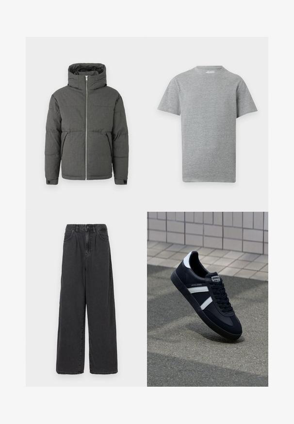 Veste rembourrée grise avec un col haut, fermeture éclair à l'avant et poignets élastiques. Présente une texture lisse et un design compact.; T-shirt gris uni à manches courtes et col rond avec une petite étiquette blanche "ONLY & SONS" à l'intérieur du col.; Pantalons en denim noir à taille haute, coupe large, avec une fermeture à bouton et zip à l'avant, dotés de poches latérales et d'une texture lisse.; Sneaker en cuir noir avec des rayures blanches, semelle en caoutchouc texturée et devant à lacets. Présente une étiquette de marque sur la languette.