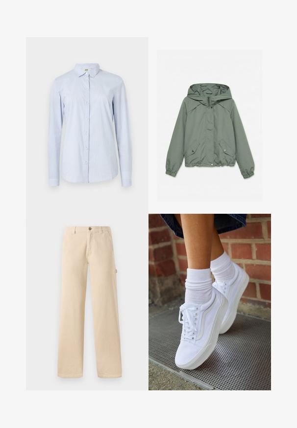 Chaqueta con capucha verde claro con cremallera frontal, dos bolsillos con botones a presión y puños y bajo elásticos, colocada plana sobre un fondo blanco.; Camisa de manga larga a rayas azul y blanca hecha de algodón ligero. Cuenta con un cuello, cierre de botones en la parte delantera y una silueta ajustada con mangas con puños.; Pantalones de pana beige con un corte de pierna ancha, textura de canalé vertical, bolsillos frontales y detalle de botón lateral.; Zapatillas de lona blancas con suelas de goma, que presentan seis ojales, puntera redonda y detalles de costura ligera, combinadas con calcetines blancos hasta el tobillo.