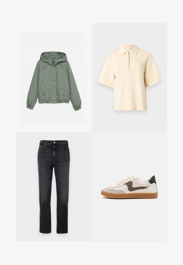 Lysegrøn hættejakke med lynlås foran, to lommer med trykknapper og elastiske manchetter og kant, lagt fladt på hvid baggrund.; Kortærmet, beige poloshirt med en struktureret vævning, der har en halvlynslukning og en klassisk krave.; Mørkegrå denimjeans med en klassisk lige benpasform, fem lommer og en enkelt metalknaplukning i taljen.; Sneakers med en cremefarvet læderoverdel, en mørkebrun svine læder detalje, beige snørebånd og en gummigummisål; klassisk lavprofil design.