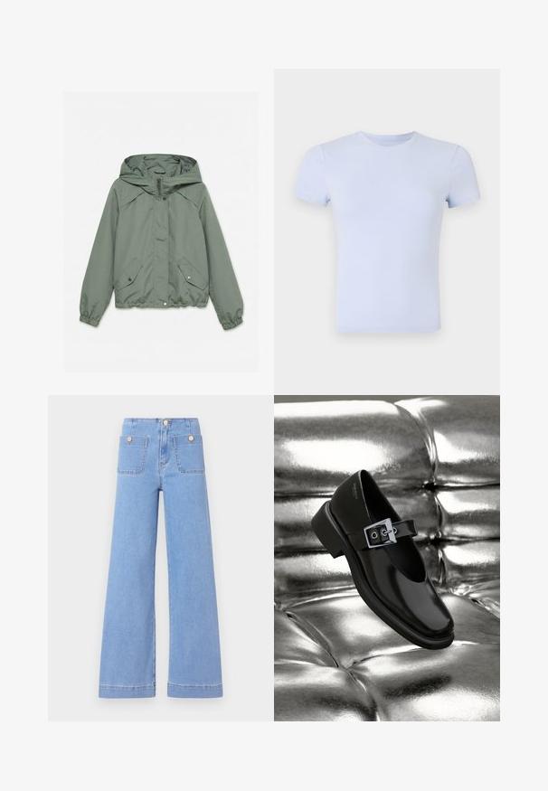 Chaqueta con capucha verde claro con cremallera frontal, dos bolsillos con botones a presión y puños y bajo elásticos, colocada plana sobre un fondo blanco.; Good American SUPER STRETCH BABY TEE - Camiseta básica - periwinkle; Jeans de pierna ancha de color azul claro con cintura alta, dos bolsillos traseros y botones en tono dorado. Están confeccionados con denim de textura suave y acabado limpio.; Zapato Mary Jane negro de cuero con punta cuadrada, acento de hebilla plateada y un tacón bajo y grueso, colocado sobre un fondo plateado brillante.