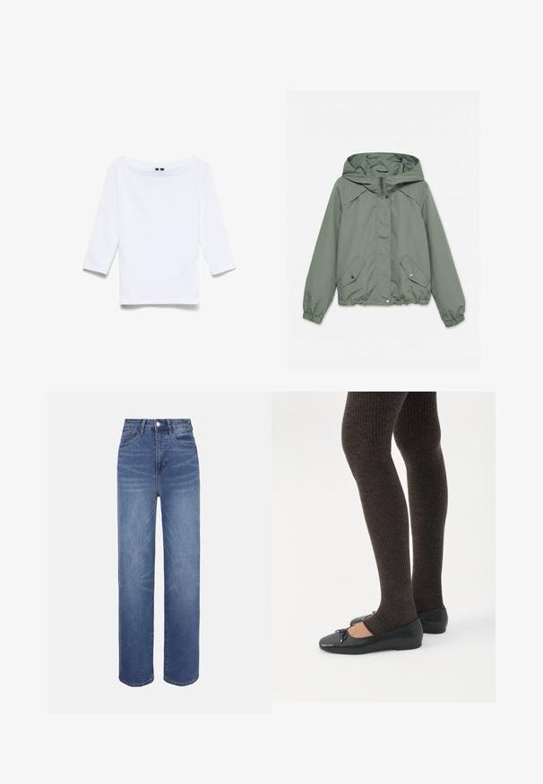 Lichtgroene capuchonjas met voorrits, twee zakken met drukknopen en elastische manchetten en zoom, plat uitgestald op een witte achtergrond.; Witte driekwartmouwen shirt gemaakt van een katoenen mix; beschikt over een brede bootnek en een gladde, lichte textuur.; Lichtblauwe spijkerbroeken met een hoge taille, recht model, vijfzakkenstijl en subtiele vervagingen in de stof.; Benen met donkere geribbelde leggings gecombineerd met zwarte ballerina's met kleine strikdetails op een witte achtergrond.