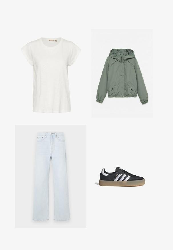Chaqueta con capucha verde claro con cremallera frontal, dos bolsillos con botones a presión y puños y bajo elásticos, colocada plana sobre un fondo blanco.; Camiseta blanca de manga corta con cuello redondo, fabricada en un material suave y ligero, con un ajuste holgado. Sin patrones ni acentos notables.; Vaqueros de mezclilla azul claro con un diseño de pernera ancha, que cuentan con cierre de botón, cinco bolsillos y detalles de costura sutiles.; Zapatilla deportiva de cuero negro con tres rayas plateadas, punta texturizada y suela de goma. Cuenta con un collar acolchado y un diseño con cordones.