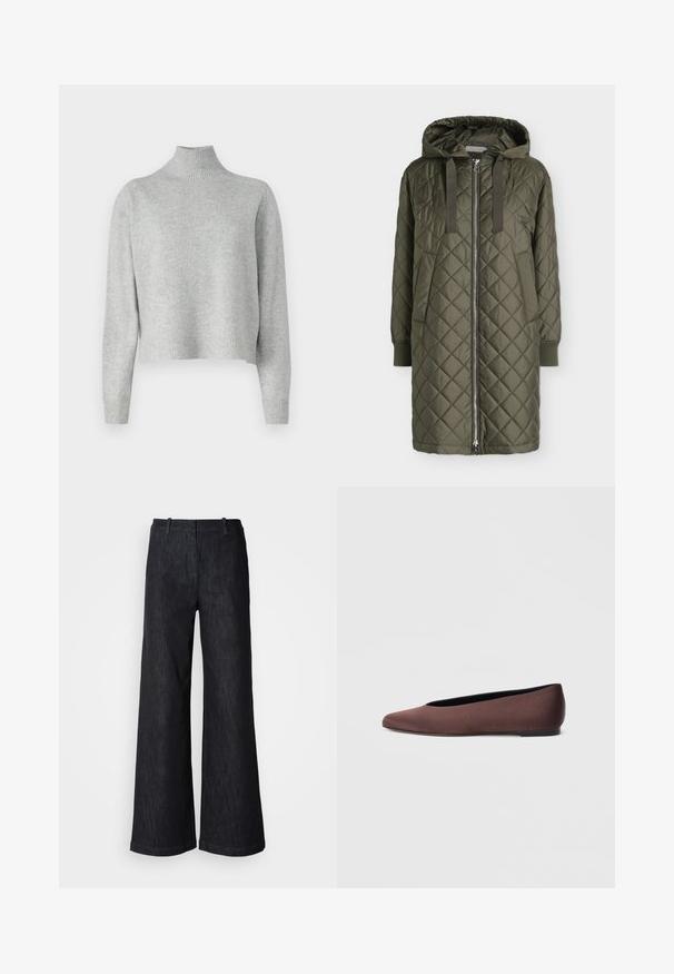 Lang olivengrøn quiltet frakke med hætte, frontlynlås, sidelommer, ribkanter og snore i hætten.; Lys grå turtleneck sweater lavet af blød strikstof, med lange ærmer og ribkant ved nederste kant og ærmerne. Ingen mønstre eller hardware detaljer.; Sorte viddebenede denimbukser med en tekstureret finish, udstyret med bæltestropper og en ren kant. Klassisk design, velegnet til forskellige lejligheder.; Brune balletflade sko i stof med spids tå og glat tekstur, med lav hælkappe og tynd sort sål. Ingen synlige mønstre eller beslag.