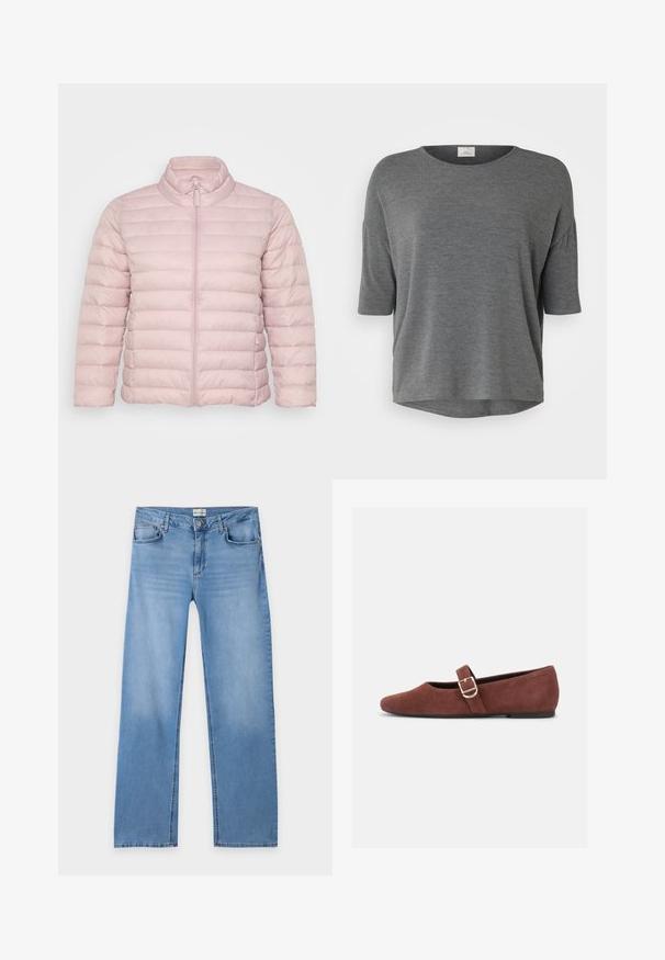 Lichtroze gewatteerde jas met een hoge kraag, een rits aan de voorkant en horizontale stiksels voor textuur. Gemaakt van een glad synthetisch materiaal.; Grijs T-shirt met korte mouwen van zachte stof, met een relaxte pasvorm, ronde halslijn en gebogen zoom. Geen duidelijke patronen of accenten.; Lichtblauwe rechte jeans met knoop- en ritssluiting, riemlussen en vijf zakken, plat neergelegd op een witte achtergrond.; Bruine suède Mary Jane platte schoen met een gouden gespsluiting en zwarte zool op een witte achtergrond.