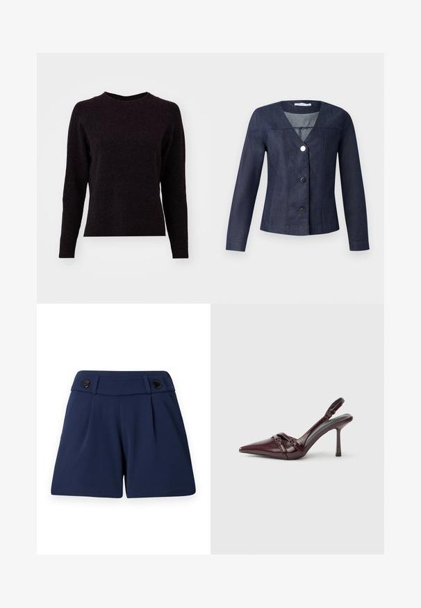 Veste en denim marine avec un col en V, des manches longues, une coupe ajustée et trois boutons noirs sur le devant. Présente des détails de couture verticale.; Pull en tricot gris foncé avec des manches longues, un col rond et un ourlet côtelé. Texture douce, design simple, sans motifs ou détails visibles.; Shorts ajustés bleu marine en tissu léger, avec deux plis devant et deux boutons noirs à la taille.; Escarpin slingback en cuir verni bordeaux avec bout pointu, fine bride à la cheville et petit détail décoratif de boucle. Texture lisse et talon haut.