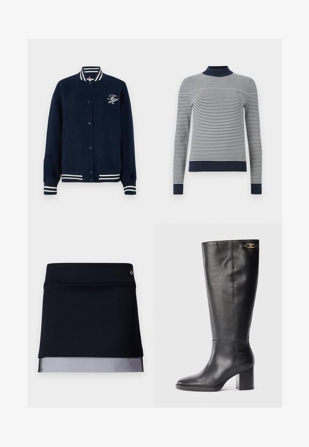 Tumedan navy varsity jakk, millel on valged triibulised ribbed krae, mansetid ja alläär, ees nupud ja valge broderiga "FH" logo rindkeres.; Ribaelne pullover-sviiter tumesinise kaelusega. Omab horisontaalset sinist ja valget triipu, sooniku ääriseid ning väikest logo rinna piirkonnas.; Must kõhn seelikut, millel on sobiv vöö, ja läbipaistva võrkserva detail. Kangas on sile ja hästi formuleeritud, sisaldades väikest metallist aksessuaari.; Must värvi nahast põlvini ulatuv saabas, millel on ploki konts, terav nina ja kuldne detail ülaosas. Sile tekstuur, minimalismi poole kaldu õmblemine.