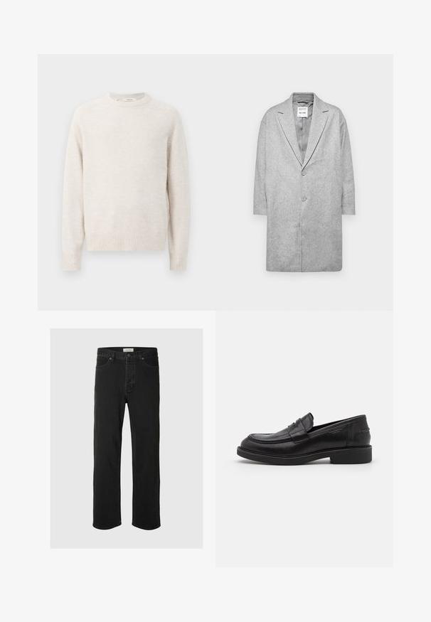 Grå uldmix frakke med slagkrave, dobbelte knaplukninger og trekvartærmer. Glat tekstur med et minimalistisk design.; Flødefarvet sweater med rund halsudskæring, ribbede manchetter og kant. Blød tekstur med et enkelt, rent design og raglanærmer.; Sorte denim straight-leg jeans har et klassisk fem-lomme design med knaplukning, minimal syning og en blød tekstur.; Sorte læder loafers med en rund tå, tonale syninger og en stropdetalje foran. Gummisål med en lav hæl.
