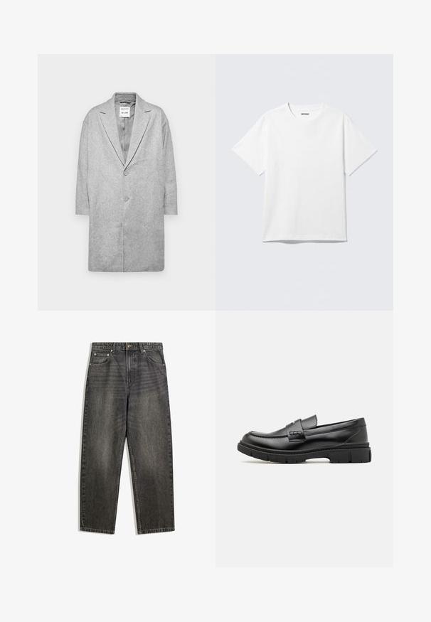 Manteau en mélange de laine gris avec un col en V, fermeture à double bouton et manches trois-quarts. Texture lisse avec un design minimaliste.; T-shirt blanc à manches courtes et col rond, étalé à plat, design uni, avec l'étiquette "WEEKDAY" à l'intérieur du col sur un fond clair.; Jean en denim noir avec une coupe décontractée, comportant cinq poches, une fermeture à bouton et un léger délavage sur la texture du tissu.; Mocassin en cuir noir avec une large sangle sur le devant, semelle en caoutchouc à épaisse rainure, et texture lisse. Design classique et élégant.