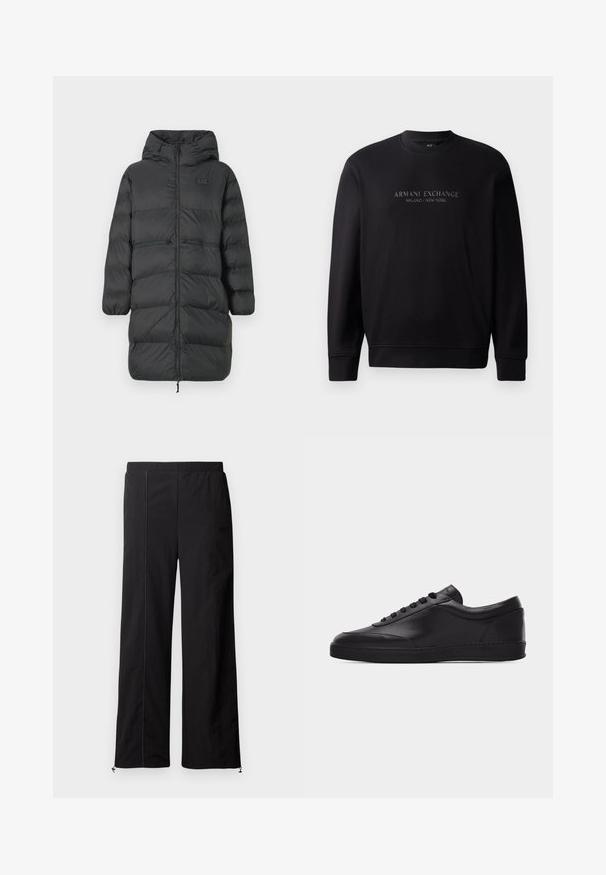 Zwarte lange pufferjas met capuchon, elastische manchetten, ritssluiting aan de voorkant en twee horizontale ritszakken op de taille, met een klein EA7-logo op de borst.; Zwarte crewneck sweatshirt met "ARMANI EXCHANGE MILANO / NEW YORK" in reliëftekst op de voorkant. De stof is glad met ribgebreide manchetten.; Zwarte wijde broek met een soepele textuur, elastische tailleband en koordsluitingen bij de enkels. Heeft contrasterende stiksels.; Zwarte lage leren sneaker met vetersluiting aan de voorkant en een platte rubberen zool, gezien van de zijkant tegen een effen witte achtergrond.