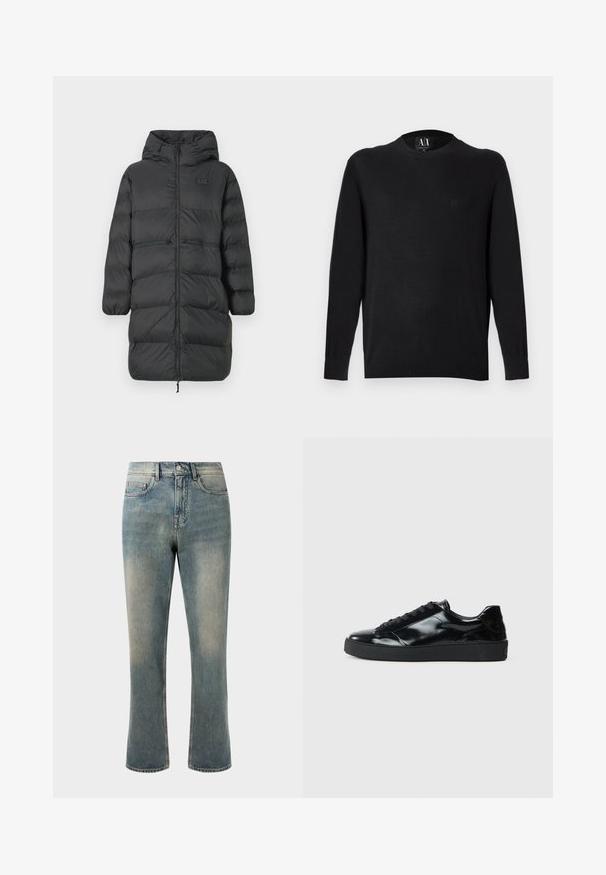 Sort lang pufferjakke med hætte, elastiske manchetter, frontlynlås og to horisontale lynlåslommer i taljen, med et lille EA7-logo på brystet.; Sort strikket sweater med lange ærmer, rund halsudskæring og ribbede manchetter. Har en broderet logo på brystet. Glat tekstur.; Lys blå denim jeans med lige ben, mellemhøj talje og subtilt slid. Har klassisk lomme-design og kontrasterende stikninger.; Sorte laklæder sneakers med rund tå, snørredesign, tekstureret gummisål og en glat overflade.