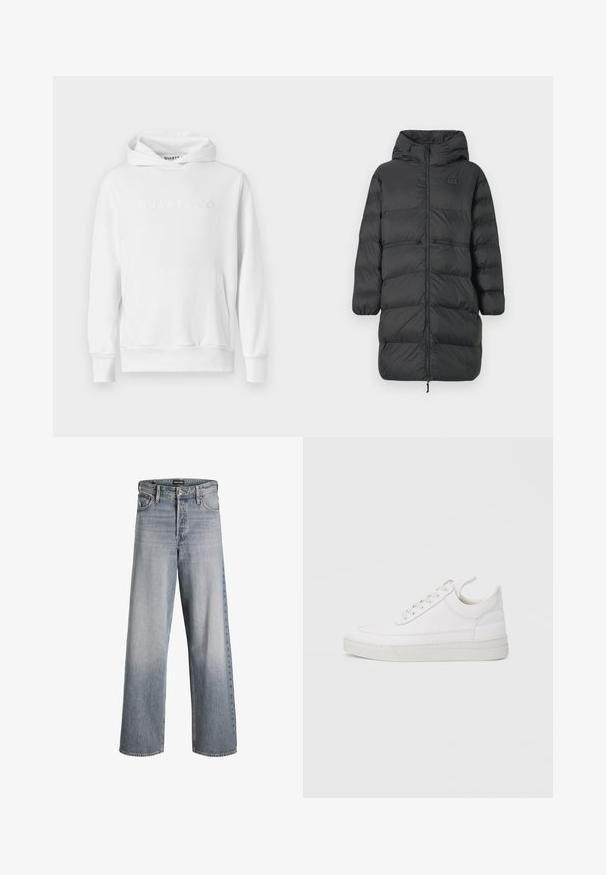 Musthave pikk mantel kapuutsiga, elastsete mansettidega, esise õmblusega ja kahe horisontaalse tõmblukuga taskuga vööl, esiküljel väike EA7 logo.; Valge kapuutsiga hõlmik, millel on ees kangaroopocket, reguleeritav kapuuts ja reljeefne "QUARTZ CO" logo rinnal. Pehme puuvillane kangas.; Hele sinised laia jalaga teksad, valmistatud denimist. Omavad kõrget vööd, nööp-kinnitust ja õrna pleekimist. Klassikaline viie taskuga disain.; Valge nahast tennisking ümarate varvastega, tasase tallaga ja eespaelaga. Omab õmbluste detaile ning pehmet ääreosa mugavuse tagamiseks.
