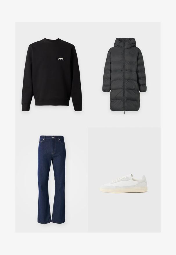 Čierny dlhý puff coat s kapucňou, elastickými manžetami, predným zipsom a dvoma horizontálnymi zipsovými vreckami v oblasti pásu, s malým logom EA7 na hrudníku.; Čierna mikina s okrúhlym výstrihom, dlhými rukávmi a rebrovanými manžetami. Na hrudi sa nachádza malé biele vyšívané logo. Materiál z bavlnenej zmesi.; Zúžené tmavomodré džíny vyrobené z denimu. Má päť vreciek, predný zips a kovový gombík na zapínanie. Klasické švy ako doplnok.; Biela teniska s jemne štruktúrovaným zvrškom zo semišu a kože. Má zaoblenú špičku, viazanie na šnúrky a kontrastnú béžovú gumovú podrážku.