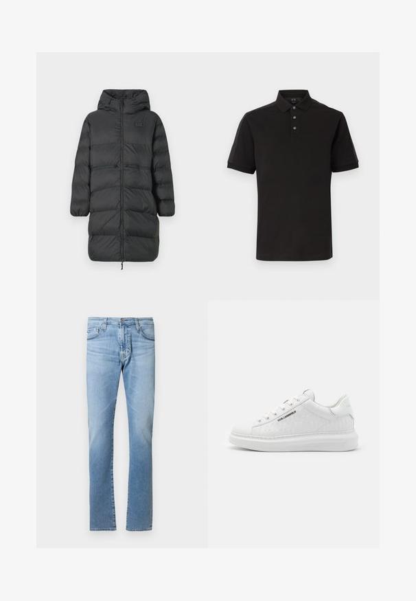 Sort lang pufferjakke med hætte, elastiske manchetter, frontlynlås og to horisontale lynlåslommer i taljen, med et lille EA7-logo på brystet.; Sort kortærmet polo-shirt med tre knapper, klassisk krave og diskrete tone-i-tone detaljer på skuldre og ærmer.; Lyseblå denimjeans med en lige pasform, fem-lommer design og knaplukning ved taljen. Glat tekstur med let falmning.; Hvide sneakers lavet af glat læder med prægede mønstre. Har rund tå, snørebånd foran og struktureret sål. Sølvlogo detalje på siden.
