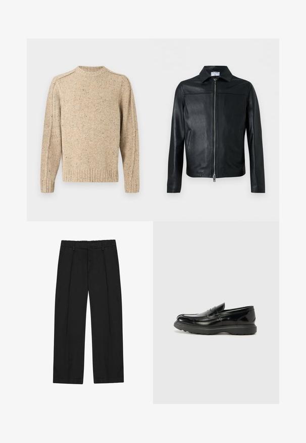 Veste en cuir noir avec fermeture éclair intégrale à l'avant, col pointu, manches longues et poches latérales, présentée sur un fond blanc uni.; Pull beige en maille avec de fines mouchetures multicolores, manches longues, poignets et ourlet côtelés, et col rond.; Pantalon noir à coupe droite, avec des plis, des poches latérales et une ceinture plate. Confectionné dans un tissu lisse à finition mate.; Mocassin en cuir noir avec une finition brillante, bout arrondi, détails de couture subtils et semelle en caoutchouc épaisse pour la durabilité.