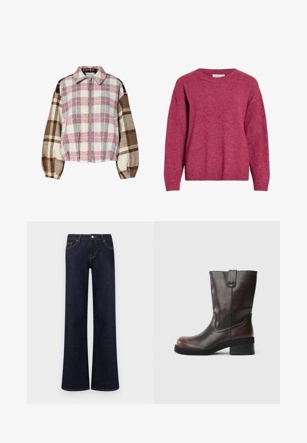 Veste à carreaux avec des nuances de rose, crème, marron et gris. Tissu doux avec un col, une fermeture éclair frontale et des manches arrondies et bouffantes.; Pull à manches longues avec col rond en rose foncé chiné, poignets et ourlet côtelés, tissu en maille douce, coupe décontractée.; Jean en denim bleu foncé à jambes larges avec poches avant, fermeture par bouton et fermeture éclair, et coutures contrastantes visibles.; Bottine en cuir marron avec un bout rond, un talon bloc de hauteur intermédiaire et des détails de couture subtils. Dispose d'une languette latérale pour un enfilage facile.