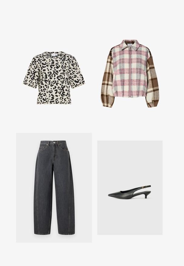 Veste à carreaux avec des nuances de rose, crème, marron et gris. Tissu doux avec un col, une fermeture éclair frontale et des manches arrondies et bouffantes.; Haut en tricot à manches courtes avec motif léopard noir et blanc et col rond.; Jean en denim noir taille haute avec jambes larges, poches avant, passants de ceinture et fermeture par bouton métallique sur un fond uni.; Chaussure slingback noire à bout pointu en cuir lisse. Présente un talon fin et un détail de boucle sur la sangle réglable.