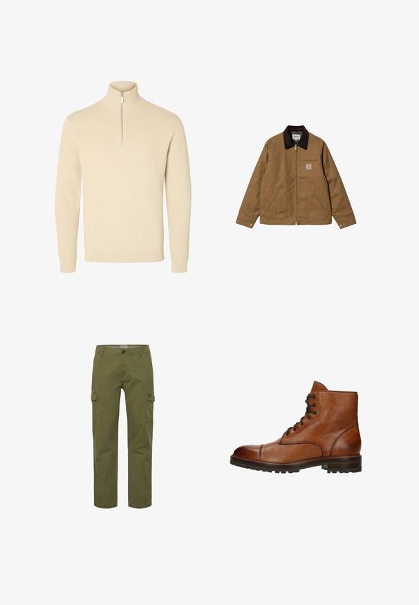 Veste de travail marron avec col noir, fermeture éclair frontale, deux poches latérales inclinées et une poche poitrine zippée avec écusson logo.; Pull beige en maille avec un col montant côtelé et une courte fermeture éclair à l'avant, avec des manches longues et des poignets et un bas côtelés.; Pantalons cargo en vert olive, avec une coupe droite, des poches avant et latérales, et une fermeture à bouton. Fabriqués en tissu en coton durable.; Bottines en cuir marron avec un bout arrondi, des coutures contrastées, six trous pour les lacets et une semelle texturée pour une meilleure adhérence.