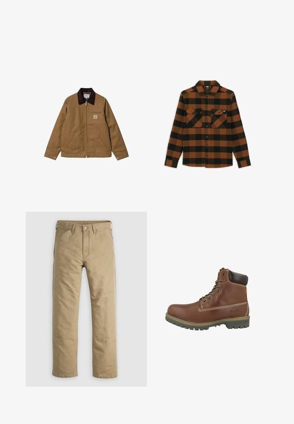 Bruine werkjas met zwarte kraag, ritssluiting aan de voorkant, twee schuine zijzakken en een borstzak met rits en logo.; Langarmshirt in een oranje en zwart geruit patroon, gemaakt van een gestructureerde stof. Heeft twee borstzakken en een knoopsluiting aan de voorkant.; Kaki katoenen broek met een rechte pijp, voorzakken en een knoopsluiting. Glad textuur en verstevigde naden voor duurzaamheid.; Bruine leren enkellaars met een afgeronde neus, gevoerde kraag, witte stiksels en een rubberen buitenzool met een gripprofiel.