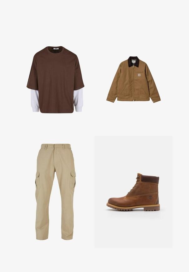 Veste de travail marron avec col noir, fermeture éclair frontale, deux poches latérales inclinées et une poche poitrine zippée avec écusson logo.; T-shirt oversized marron avec col rond et manches courtes, superposé sur des manches longues blanches ; tissu en coton, détails minimalistes.; Pantalons cargo beiges en toile de coton, dotés de plusieurs poches latérales, d'un design à jambes droites et d'une fermeture éclair avec passants de ceinture.; Botte de randonnée en cuir marron avec une finition lisse, cheville rembourrée, œillets en métal et semelle en caoutchouc dotée d'un motif de crampons robuste.