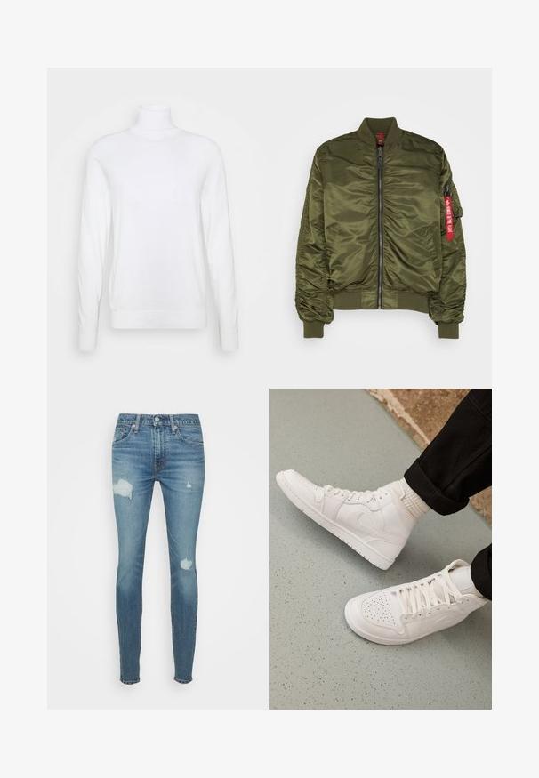 Veste bomber vert olive en nylon brillant, dotée d'un zip à l'avant, de poignets côtelés et d'un détail en étiquette rouge sur la manche.; Pull à col roulé blanc avec des manches longues, fabriqué en tissu lisse. Présente un design ajusté et des poignets et un ourlet côtelés. Pas de motifs ni d'accents.; Jean skinny en denim bleu clair délavé ; présente des déchirures aux genoux, cinq poches, et une fermeture éclair avec bouton.; Baskets montantes blanches en cuir lisse avec un bout perforé, fermeture à lacets et un discret logo sur le côté. Semelle en caoutchouc texturé.