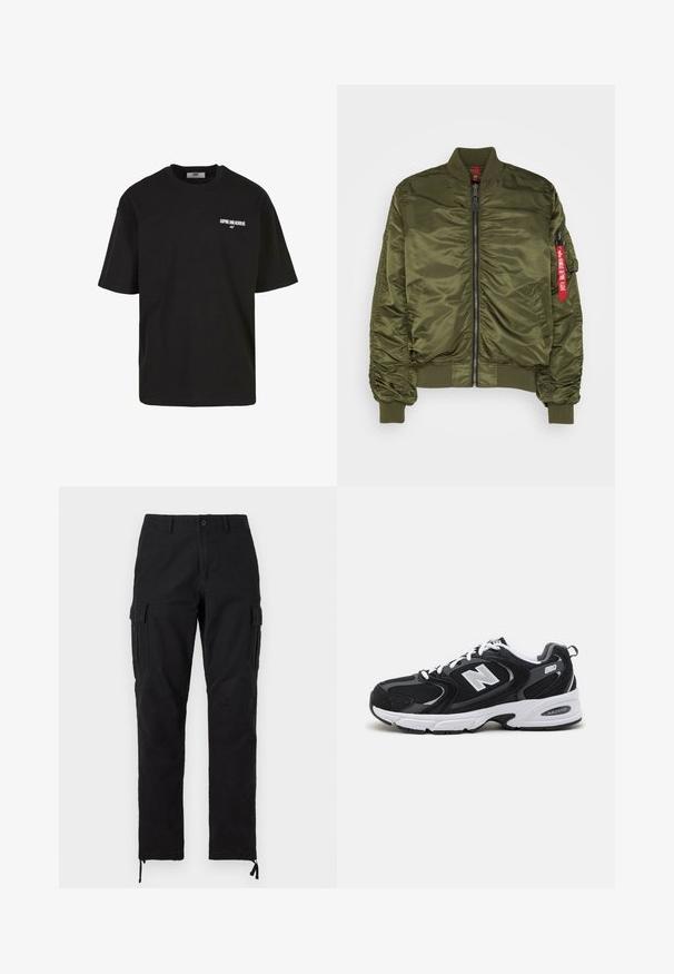 Veste bomber vert olive en nylon brillant, dotée d'un zip à l'avant, de poignets côtelés et d'un détail en étiquette rouge sur la manche.; T-shirt en coton noir à manches courtes, col rond, avec le texte blanc "ASPIRE AND ACHIEVE" sur la zone gauche de la poitrine. Design simple et épuré.; Pantalon cargo noir à jambe droite avec bouton et zip à l'avant, poches latérales à rabat, passants de ceinture, et cordons de serrage réglables aux chevilles.; Baskets de sport noires et grises avec un tige en mesh et en suède, présentant une semelle intermédiaire blanche, des lacets et un logo "N" audacieux sur le côté.