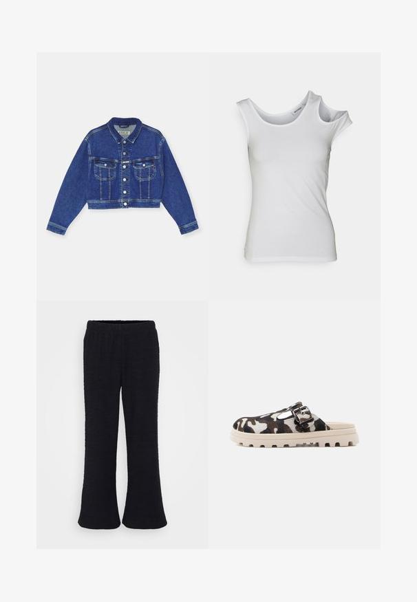 Blå denim cropped jakke med knaplukning, to brystlommer og lange ærmer. Klassisk design med kontrastsyninger og krave.; Weekday ZARI ASSYMETRIC - Top - white; Sorte, flagrende bukser med et tekstureret stof og elastisk talje. Designet er i fuld længde med en blød finish.; Brun og creme camouflage slip-on sko med en tyk gummisål og en spænde-accent på siden. Blød tekstur og rundet form.
