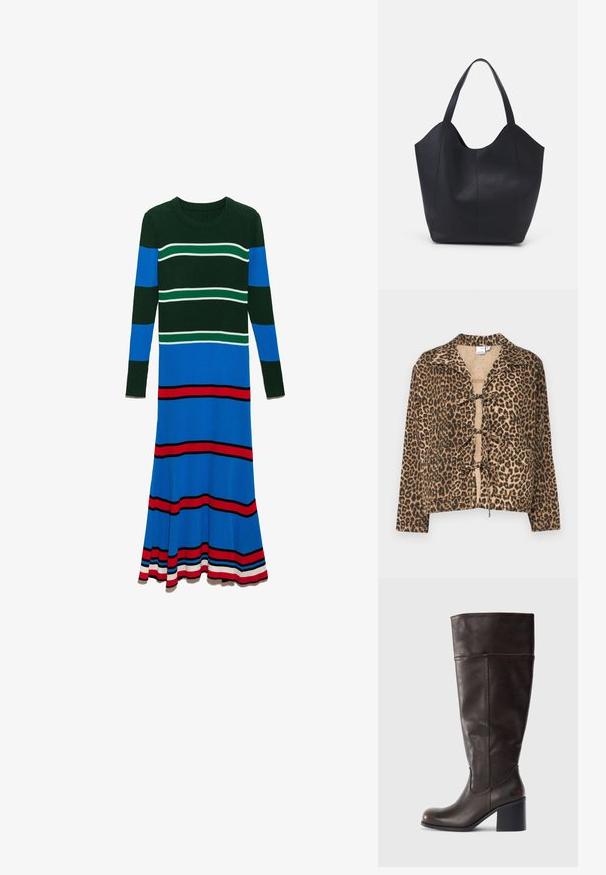 Jakket med leopardprint, blødt stof, boxy form, lange ærmer, krave, front lukning med bånd, varme nuancer af brunt og sort, glat tekstur.; Strikkjole med lange ærmer, rund halsudskæring og lodrette striber i dyb grøn, blå og rød, med horisontale accenter i hvid.; Brun læder knæhøj støvle med rund tå og stablet hæl. Har en glat tekstur og sidelægning som detalje.; Sort tote taske lavet af glat læder, med en buet, åben top, to skulderstropper og et minimalistisk design.