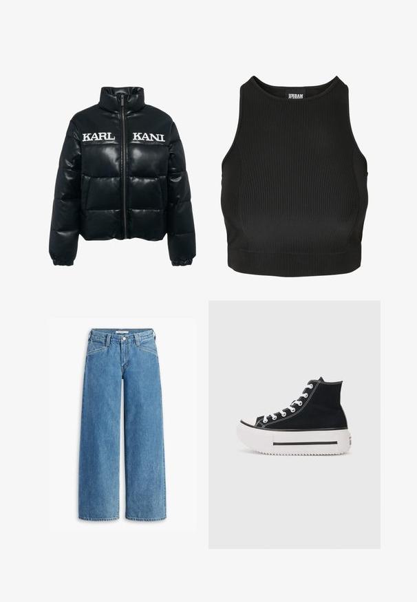 Svart polstret jakke laget av faux lær. Har høy krage, front glidelås, og broderte "KARL" og "KANI" logoer på brystet.; Svart stripete crop topp med høy hals og tettsittende design. Laget av et elastisk materiale med en glatt tekstur og uten synlige lukkinger.; Lyseblå vide jeans laget av denim, med høy midje, fem lommer, og klassisk knapplukking. Rett snitt fra lår til hem.; Svarte høyhælte sneakers laget av lerret, med hvite sømmer, gummikappe, tykk hvit plattformsåle og svarte striper.