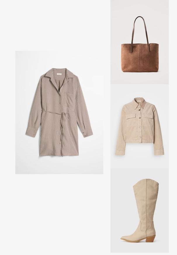 Beige cropped jakke lavet af bomuld. Har en spids krave, to forlommer og knaplukning. Struktureret stof med en subtil glans.; Langærmet beige skjortekjole i knælængde med hvide lodrette striber, knapper foran, brystlomme, krave og bælte i taljen.; Beige ruskind støvle der går op til knæet, med spids tå, stablet hæl og synlige sømdetaljer. Glat tekstur med simpelt design.; Brun ruskind shoppertaske med to lange læderhåndtag, enkelt design og synlig central syning på en lys baggrund.