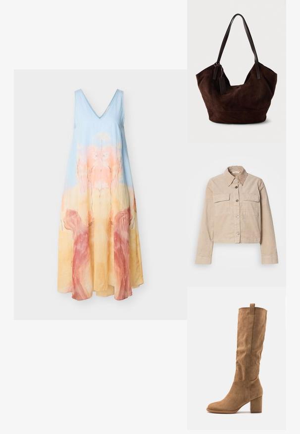 Veste beige coupée en coton. Présente un col pointu, deux poches avant et une fermeture à boutons. Tissu texturé avec un léger éclat.; Robe maxi sans manches à col en V avec un dégradé bleu, pêche et jaune et un motif floral abstrait sur un tissu léger.; Botte en daim beige hauteur genou avec un talon bloc, présentant des accents cousus et une silhouette épurée pour un look moderne.; Handbag en cuir suédé marron avec une forme douce et souple. Doté de poignées en cuir et d'une étiquette décorative. Texture plain avec des coutures courbes.