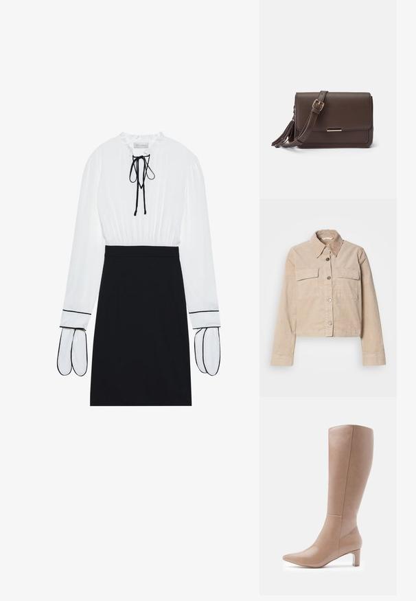Veste beige coupée en coton. Présente un col pointu, deux poches avant et une fermeture à boutons. Tissu texturé avec un léger éclat.; Blouse blanche avec un col froncé et un cordon de serrage ; jupe noire ajustée avec des passepoils blancs contrastants sur les manches. Texture de tissu lisse.; Bottines en cuir beige jusqu'aux genoux avec un bout pointu et un talon bloc transparent. Texture lisse et détails de couture minimalistes sur la tige.; Sac bandoulière en simili cuir marron avec un rabat, quincaillerie dorée et détail de frange sur le côté. Bandoulière ajustable pour un port polyvalent.