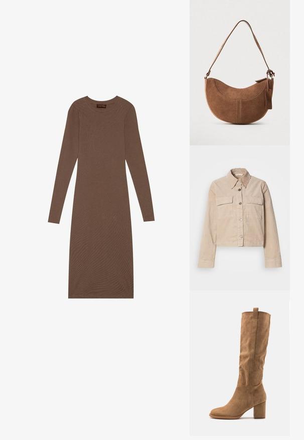 Veste beige coupée en coton. Présente un col pointu, deux poches avant et une fermeture à boutons. Tissu texturé avec un léger éclat.; Anna Field by Zalando Robe en jersey - brown; Botte en daim beige hauteur genou avec un talon bloc, présentant des accents cousus et une silhouette épurée pour un look moderne.; Sac à main en daim marron de forme courbée en demi-lune. Il est doté d'une bandoulière, d'une petite étiquette et de coutures visibles le long des bords.