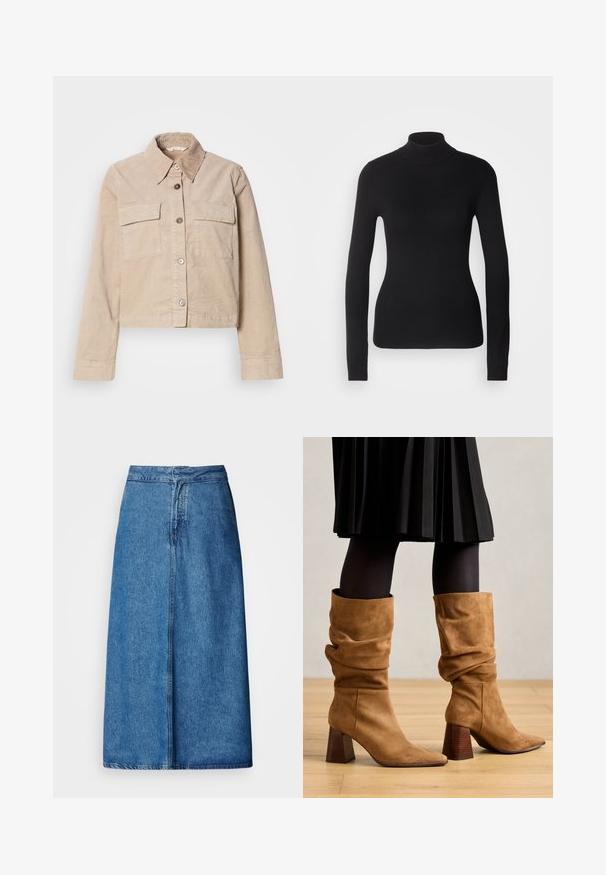 Beige lõigatud jakk, mis on valmistatud puuvillast. Omab teravat kraed, kahe eesmise taskut ja nupulukku. Tekstureeritud kangas, millel on peen sära.; Mustem turtleneck-sviiter, mis on valmistatud kerge kudumiskangast. Omab pikki varrukaid, slim-fit lõiget ja pehmet soonikut.; Denimist keskmise pikkusega seelik, mille lõige on lõdvestunud, kõrge vöökoha ja narmendava äärega ning ühtlase sinise värvusega. Lihtne disain ilma nähtavate kaunistusteta.; Prunubrown nahkkingad, millel on teravad varbad ja puidust kõrged kontsad. Kanda mustade sukkpükste ja volditud musta seeliku kõrval.