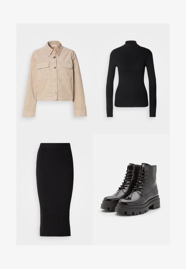 Beige cropped jakke lavet af bomuld. Har en spids krave, to forlommer og knaplukning. Struktureret stof med en subtil glans.; Sort turtleneck sweater lavet af let strikket stof. Har lange ærmer, et tætsiddende design og en blød ribbet tekstur.; Sort ribstrikket blyantskirt med elastisk taljebånd, der har en kropsnær silhuet og lodrette ribdetaljer over det hele.; Sorte patenterede læder ankelstøvler med snørelse foran, kraftig sort sål og lynlås i siden. Har en glat, blank tekstur og rund tå.
