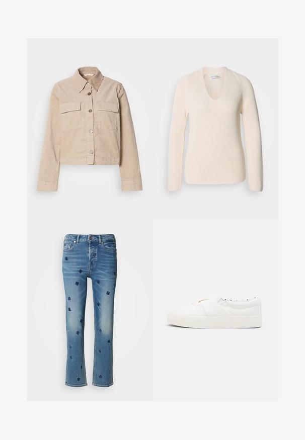 Beige verkürzte Jacke aus Baumwolle. Verfügt über einen spitzen Kragen, zwei Vorderaschen und einen Knopfverschluss. Texturiert mit einem subtilen Glanz.; Cremfarbener, gestrickter Pullover mit V-Ausschnitt, langen Ärmeln und geripptem Stoff, der eine lockere Passform hat und kein sichtbares Muster oder Akzente aufweist.; Hellblaue Jeans aus Denim mit geradem Bein, verziert mit navyblauer floralem Stickerei und einem Used-Look-Effekt nahe den Taschen und dem Saum.; Canvas Slipper-Sneaker in Weiß mit einem geknoteten Detail im Obermaterial, strukturiertem Gummisole und gepunktetem Innenfutter.