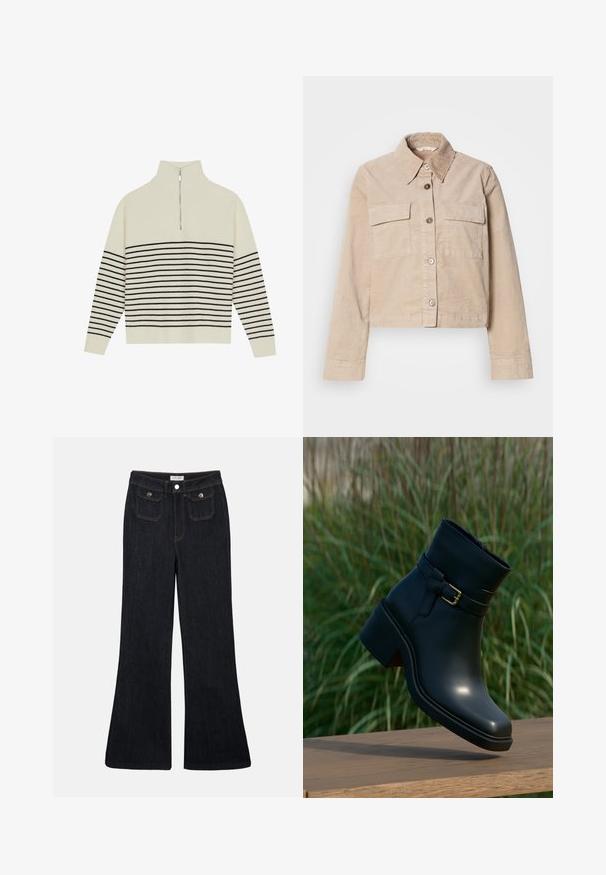 Veste beige coupée en coton. Présente un col pointu, deux poches avant et une fermeture à boutons. Tissu texturé avec un léger éclat.; Pull crème avec un col haut, texture à côtes verticales et rayures noires horizontales sur le corps et les manches. Détail de fermeture éclair argenté.; Jeans en denim foncé évasés avec une taille haute, deux poches avant et des coutures orange. Le matériau semble robuste et lisse.; Bottine en cuir noir avec une sangle décorative et une boucle dorée, présentée au-dessus d'une surface en bois avec un fond d'herbes hautes.