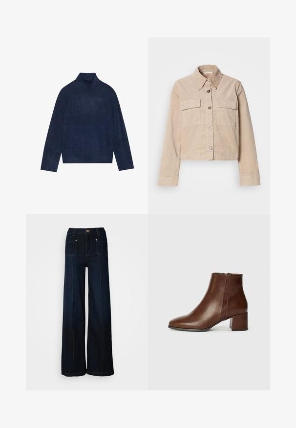 Beige cropped jakke lavet af bomuld. Har en spids krave, to forlommer og knaplukning. Struktureret stof med en subtil glans.; Mørkeblå rullekrave sweater med ribbet detaljering på kraven og ærmerne, lavet af et blødt, struktureret strikket stof med en afslappet silhuet.; Bredde ben denimjeans i mørkeblå. Har forlommer, guldfarvet hardware og kontrasterende syninger. Glat tekstur med et afslappet design.; Brune læder ankelstøvler med spids tå og blokhæl. Har en lynlås i siden og en glat overflade med minimal syning.