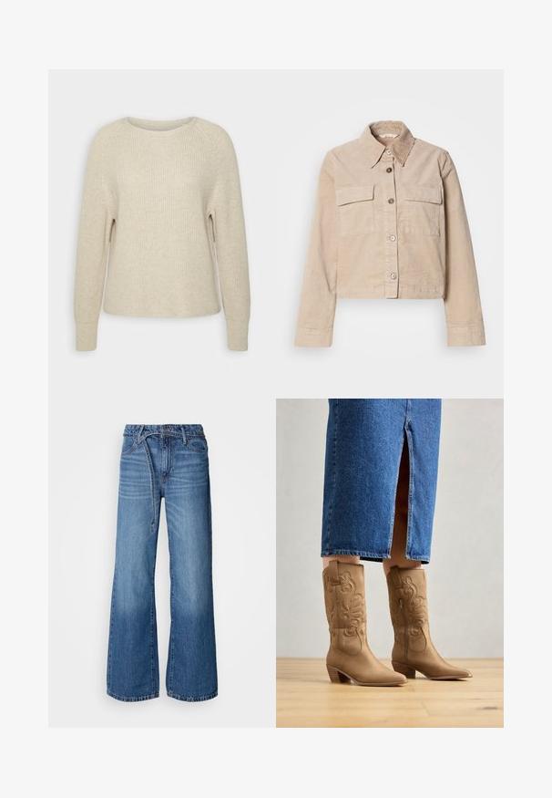 Chaqueta beige corta hecha de algodón. Presenta un cuello puntiagudo, dos bolsillos frontales y cierre de botones. Tejido texturizado con un ligero brillo.; Suéter de punto rosa claro con cuello redondo, mangas raglán y puños de canalé. La textura es suave, con un corte holgado y un detalle mínimo.; Jeans de mezclilla de pierna ancha en un tono azul claro. Presentan una cintura alta, costuras visibles y un cinturón de lazo. Textura desgastada hacia la parte inferior.; Botas western de color marrón con costuras decorativas, punta afilada y tacón apilado. Llevadas con una falda de mezclilla hasta la rodilla, que revela las botas.