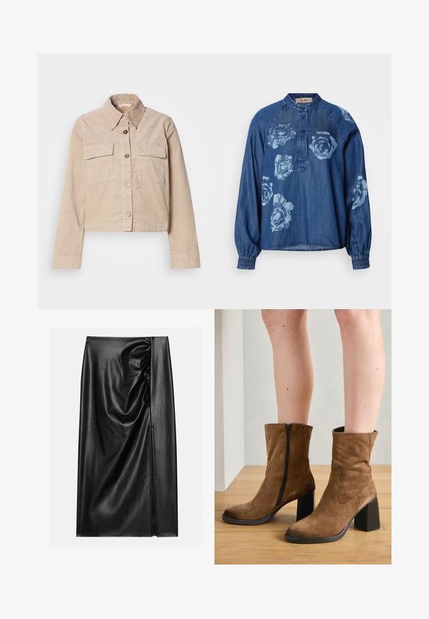 Veste beige coupée en coton. Présente un col pointu, deux poches avant et une fermeture à boutons. Tissu texturé avec un léger éclat.; Chemise en denim bleu foncé avec une coupe décontractée. Présente des imprimés floraux en bleu clair, un plastron à boutons et des poignets élastiqués pour un effet froncé.; Jupe en cuir noir avec une texture lisse, présentant une section froncée sur un côté et une fente sur le côté pour un détail supplémentaire.; Bottes chelsea en suède marron avec fermeture éclair, talons carrés et texture lisse, présentant une couture simple le long des côtés.