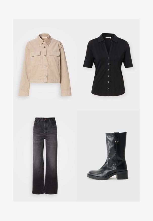Veste beige coupée en coton. Présente un col pointu, deux poches avant et une fermeture à boutons. Tissu texturé avec un léger éclat.; Chemise noire à manches courtes avec col, six boutons sur le devant, et une silhouette légèrement cintrée.; Jeans en denim noir évasés à taille haute, cinq poches, fermeture à bouton et texture légèrement décolorée. Tissu épais avec une coupe structurée.; Bottine en cuir noir avec un bout arrondi, un talon empilé modeste et un onglet décoratif sur le côté. Le matériau a une finition lisse et polie.