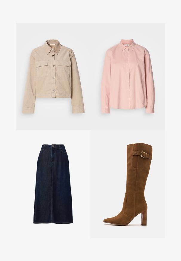 Veste beige coupée en coton. Présente un col pointu, deux poches avant et une fermeture à boutons. Tissu texturé avec un léger éclat.; Chemise longue à manches longues de couleur rose clair, en coton, avec un col à bouton, fermeture à boutons sur le devant et une coupe décontractée. Texture lisse.; Jupe en denim bleu foncé avec une coupe droite, taille haute, fermeture par bouton sur le devant et couture contrastante. Longueur mi-mollet sans embellissements.; Botte en suède marron haut avec un bout pointu, un talon empilé, une boucle décorative et un panneau élastique sur le côté pour un confort supplémentaire.