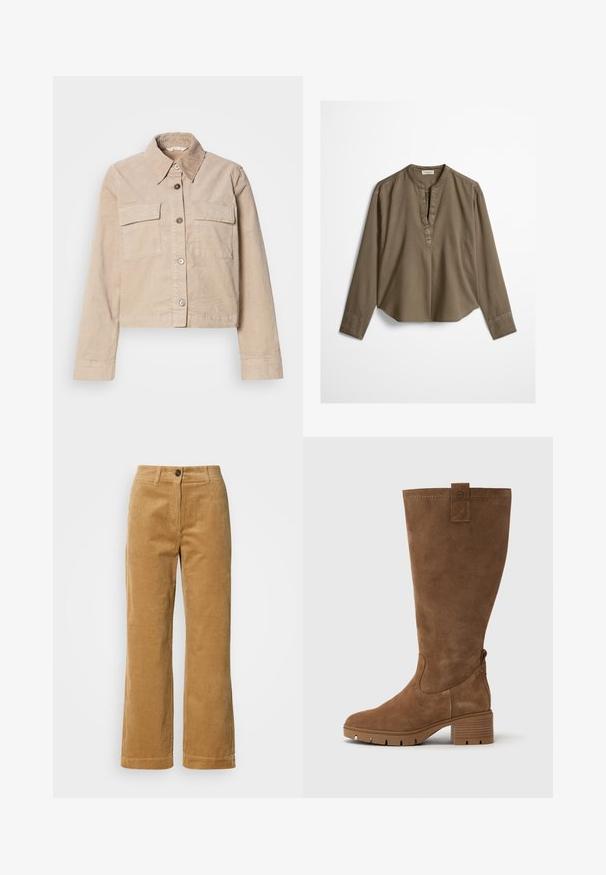 Veste beige coupée en coton. Présente un col pointu, deux poches avant et une fermeture à boutons. Tissu texturé avec un léger éclat.; Blouse décontractée marron à manches longues avec col mandarin, pli à l'avant et ourlet légèrement arrondi, étalée à plat sur un fond blanc.; Pantalons en velours côtelé marron à jambes droites avec fermeture à bouton et à glissière, passants de ceinture et poches latérales sur fond blanc.; Tamaris Bottes - brown