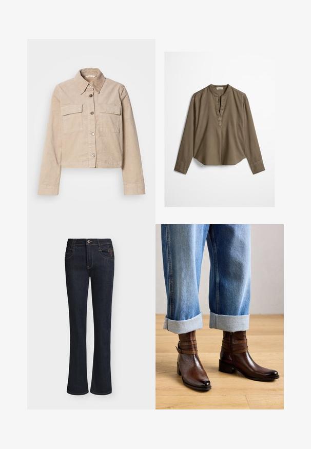 Beige verkürzte Jacke aus Baumwolle. Verfügt über einen spitzen Kragen, zwei Vorderaschen und einen Knopfverschluss. Texturiert mit einem subtilen Glanz.; Braune, langärmelige, legere Bluse mit Stehkragen, vorderer Falte und leicht gewölbtem Saum, flach auf weißem Hintergrund ausgebreitet.; Dunkelblaue Jeans aus Denim mit leicht ausgestellten Hosenbeinen, Vorderknopf- und Reißverschluss, Vorderentaschen und sichtbaren Nahtdetails.; Ein Paar braune Stiefeletten mit Schnalle und Reißverschluss, getragen mit hochgekrempelten blauen Jeans auf einem hellen Holzboden.