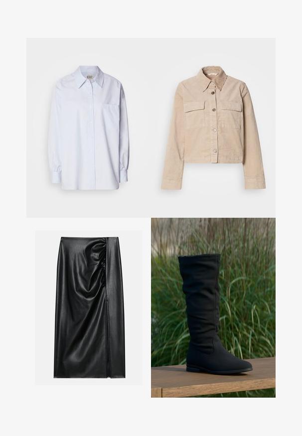 Beige cropped jasje van katoen. Heeft een puntige kraag, twee voorkruiszakken en een knoopsluiting. Getextureerde stof met een subtiele glans.; Lichtblauw button-up shirt van katoen. Heeft een puntige kraag, lange mouwen en een enkele borstzak. Zachte textuur.; Zwarte leren rok met een soepele textuur, voorzien van een geplooid gedeelte aan één kant en een zijspleet voor extra detail.; Zwarte kniehoge laars van zachte stof, met een nonchalant ontwerp, een puntige neus en een platte zool, afgebeeld tegen een grasachtige achtergrond.