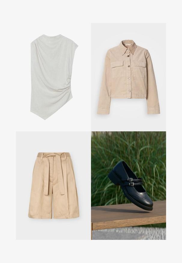 Beige cropped jakke lavet af bomuld. Har en spids krave, to forlommer og knaplukning. Struktureret stof med en subtil glans.; Lys beige top med en rund halsudskæring, asymmetrisk kant og samlede detaljer på den ene side. Fremstillet af et blødt, struktureret stof.; Beige højtaljede shorts med bæltestropper, stofbælte og vide ben, vist mod en ensfarvet baggrund.; Sort læder Mary Jane-sko med dobbelte spænder og brogue-detaljer, der svæver over en træbænk med grøn græsbaggrund.