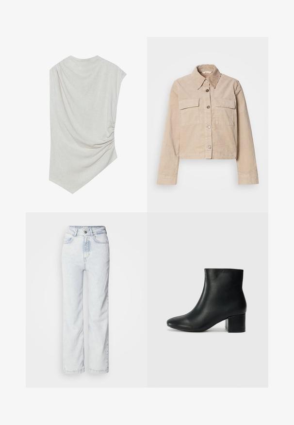 Beige cropped jakke lavet af bomuld. Har en spids krave, to forlommer og knaplukning. Struktureret stof med en subtil glans.; Lys beige top med en rund halsudskæring, asymmetrisk kant og samlede detaljer på den ene side. Fremstillet af et blødt, struktureret stof.; Lysblå højtaljede jeans med lige ben, lavet af denim. Har en knapåbning, fem-lomme design og en diskret falmet tekstur.; Sorte læder ankelstøvler med spids tå og en kraftig hæl. Glat tekstur med minimale detaljer og et slankt, tætsiddende design.