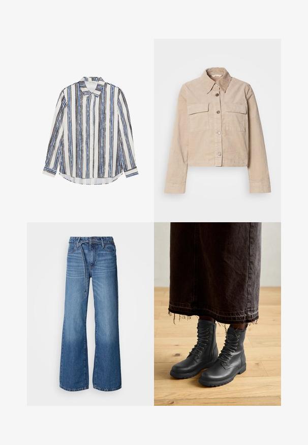 Veste beige coupée en coton. Présente un col pointu, deux poches avant et une fermeture à boutons. Tissu texturé avec un léger éclat.; Chemise à boutons avec des rayures verticales dans des nuances de bleu, noir et blanc. Fabriquée en tissu lisse avec un col classique et une fermeture à boutons.; Jean large bleu clair en denim. Présente une taille haute, des coutures visibles et une ceinture à nouer. Texture décolorée vers le bas.; Bottes en cuir noir à lacets avec surface texturée, hauteur mi-mollet, bout arrondi et semelle robuste, associées à une jupe en denim sombre effilochée.