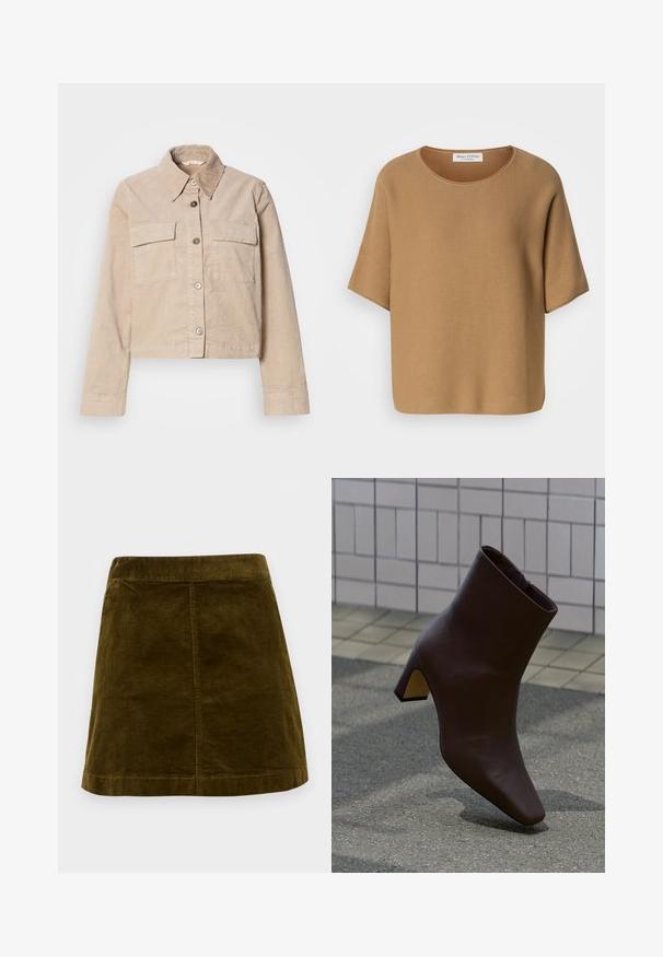 Beige cropped jakke lavet af bomuld. Har en spids krave, to forlommer og knaplukning. Struktureret stof med en subtil glans.; Kortærmet, løstsiddende bluse i et lysebrunt strikket stof. Har en rund halsudskæring og en struktureret overflade for ekstra detalje.; Brun kordfløjl mini skirt med lodrette ribber, lige snit og en ren kant. Har en simpel talje uden udsmykninger.; Mørkebrun læderankelstøvle med blokhæl stående på tekstureret belægning, lysfarvet flisevæg i baggrunden.