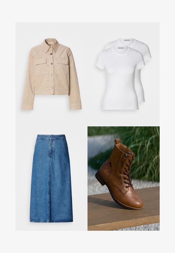 Beige cropped jakke lavet af bomuld. Har en spids krave, to forlommer og knaplukning. Struktureret stof med en subtil glans.; To hvide bomulds t-shirts med korte ærmer, rund halsudskæring og en tætsiddende silhuet, der viser en glat tekstur og et minimalistisk design.; Denim midi-nederdel med afslappet pasform, høj talje, frynset kant og ensfarvet blå. Enkel design uden synlige udsmykninger.; Brun læderankelstøvle med lynlås på siden og snørebånd, placeret på en træoverflade udendørs med sløret grønt område i baggrunden.